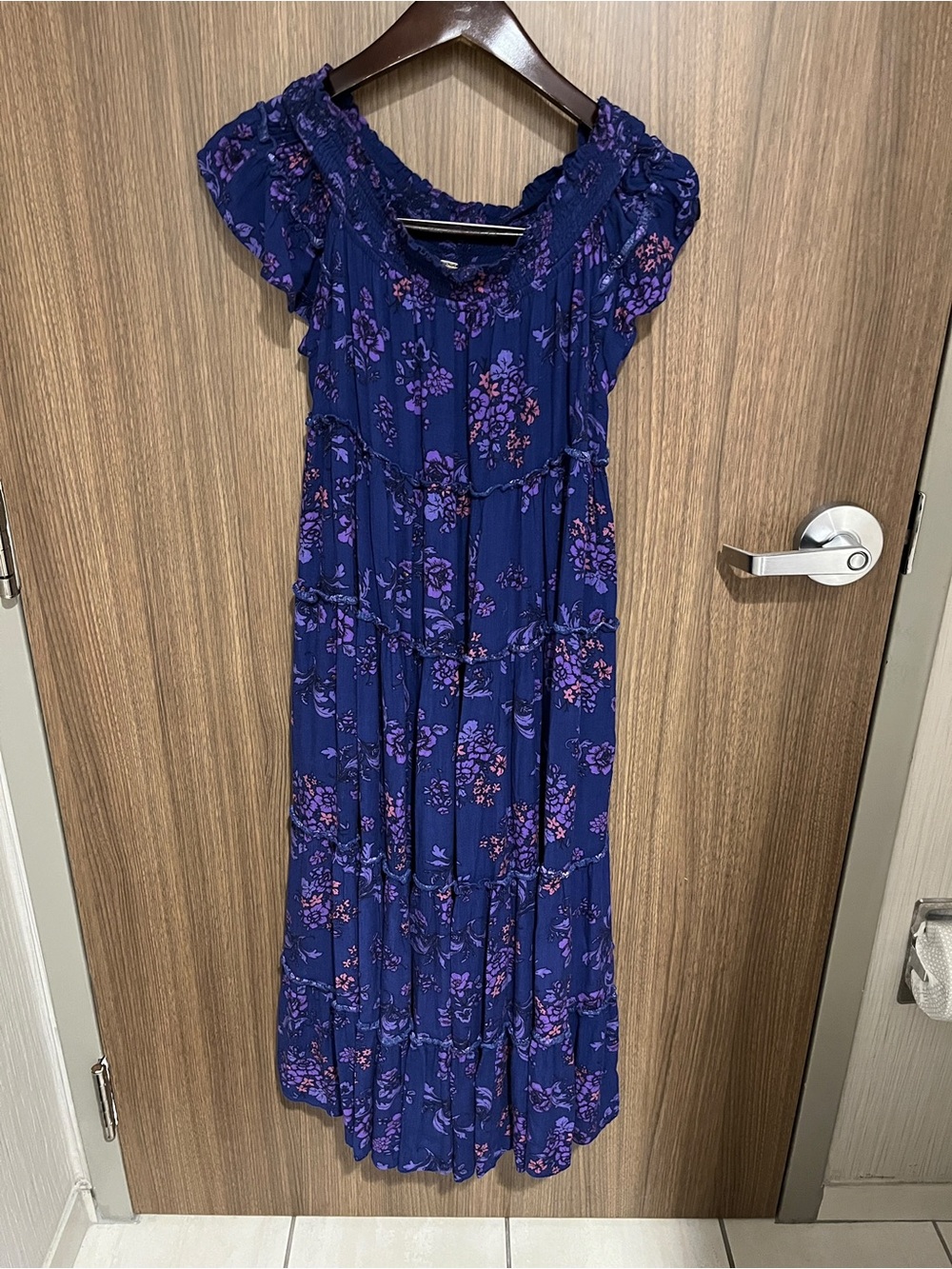 Authentic Free People Barclay Off-The-Shoulder Tiered Maxi Dress - Blue Floral